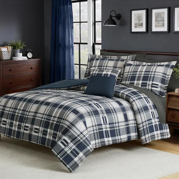 Catami Plaid Design 7-piece Bed in a Bag Comforter Set with Sheets,Navy,Queen