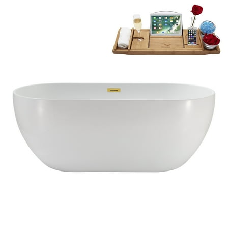 62" Streamline N142GLD Soaking Freestanding Tub and Tray With Internal Drain in Polished Gold