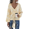 thumbnail image 1 of QELUSQELUS Women Lantern Long Sleeve V Neck Tie Knot Tie-dye Chiffon Outside Tops, 1 of 4
