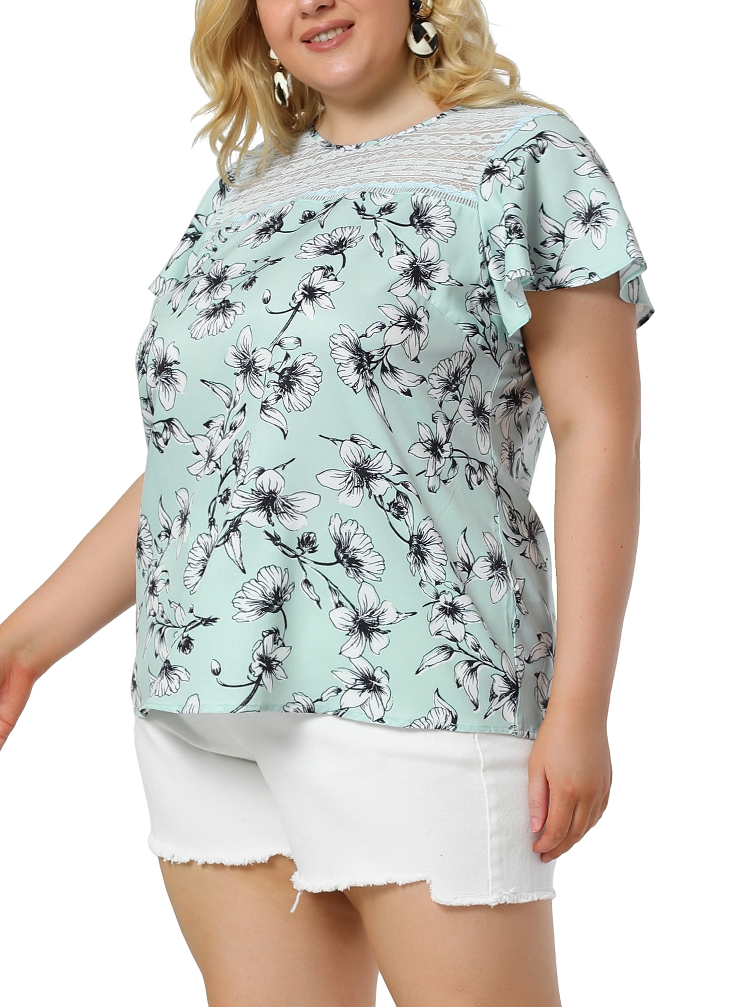Unique Bargains Juniors' Plus Size Top Floral Lace Panel Keyhole Back Flare Sleeve Blouse Lake Blue 1X