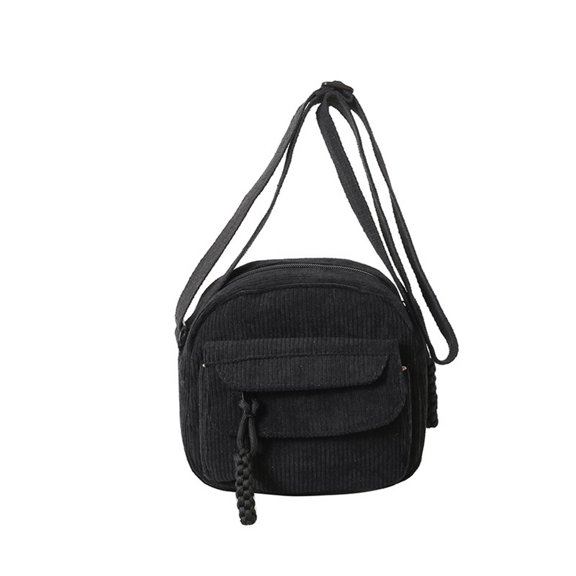 Fashion Corduroy Crossbody Bag Womens Solid Color Mini Shoulder Bag with Adjustable Strap, Commuting & Dating Satchel (Black)