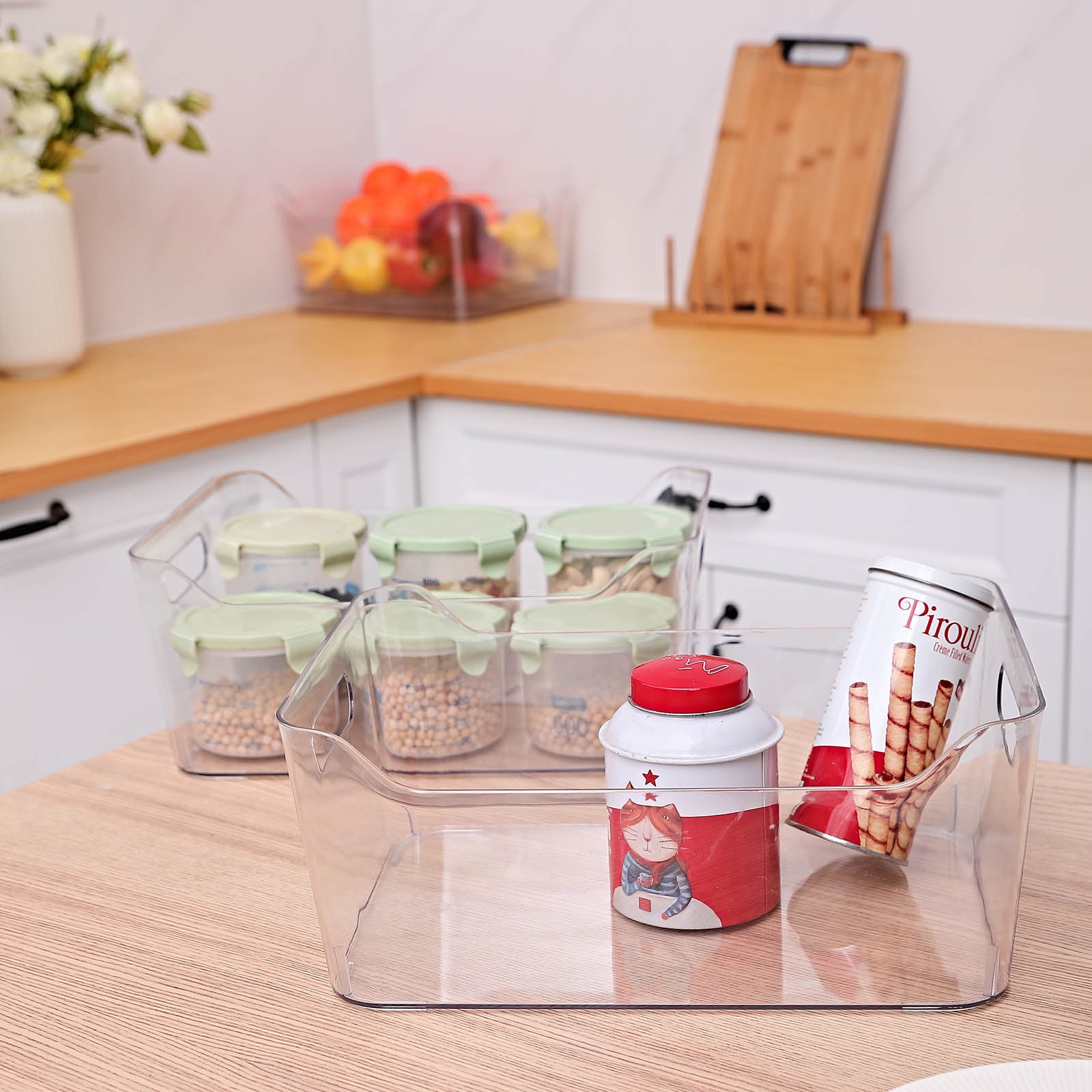 2 Pack X-Large Clear Plastic Storage Bins with Built-in Handles for Fridge, Kitchen, Bathroom and Bedroom