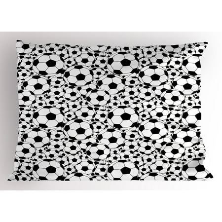 Sam Football - Soccer Pillow Sham Monochrome Design Pattern of Classical Football Balls Kids Boys Cartoon Pattern, Decorative Standard King Size Printed Pillowcase, 36 X 20 Inches, Black White, by Ambesonne