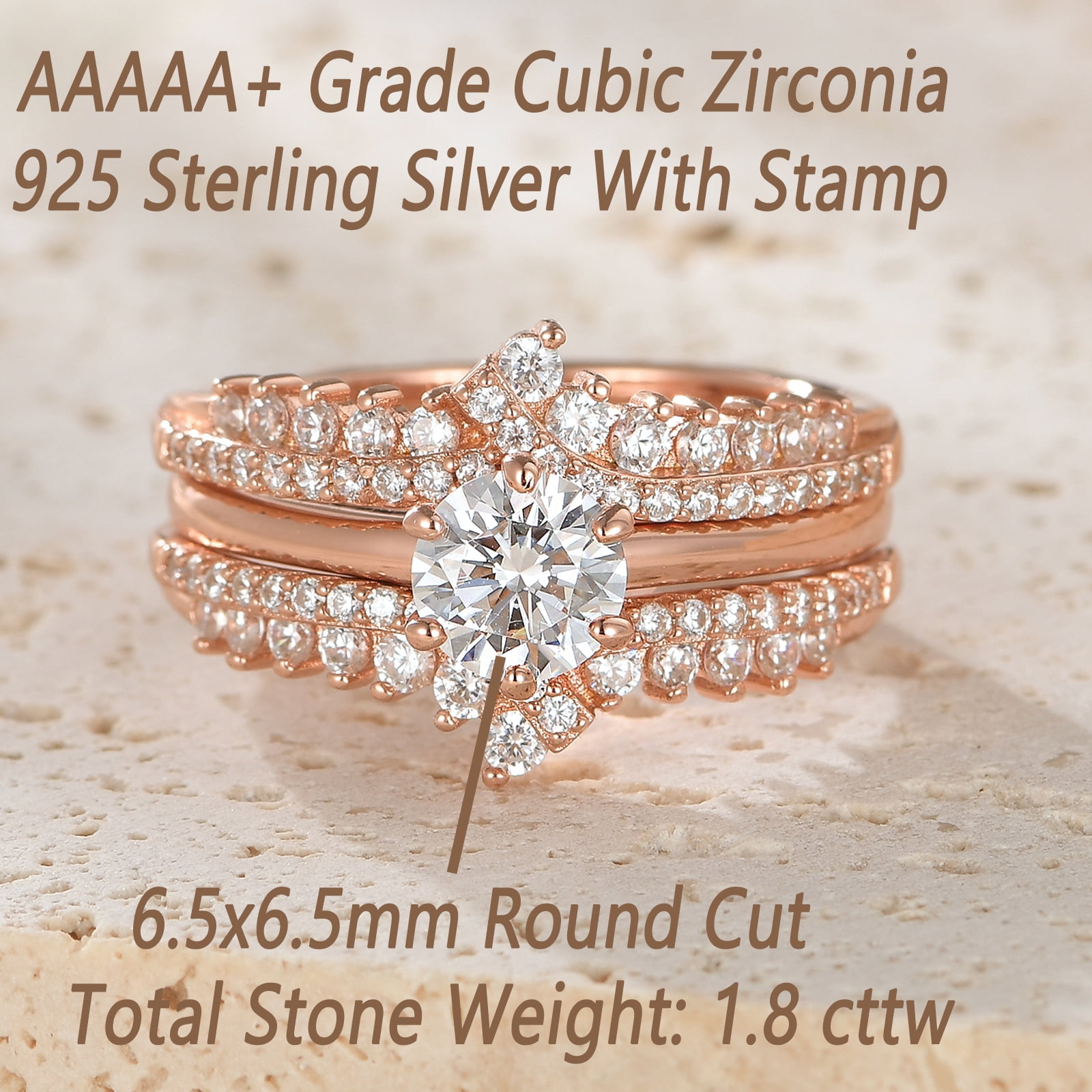 Newshe Wedding Rings for Women Engagement Ring Enhancer Band Bridal Set Sterling Silver 1.8Ct Cz Rose Gold Plated Size 7.5