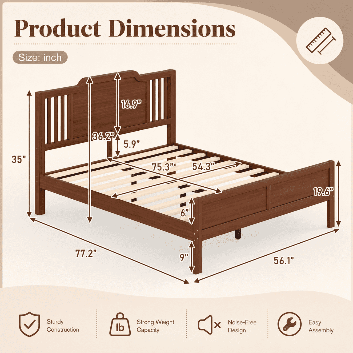 Miniyam Full Size Solid Bamboo Platform Bed Frame with Headboard, Brown
