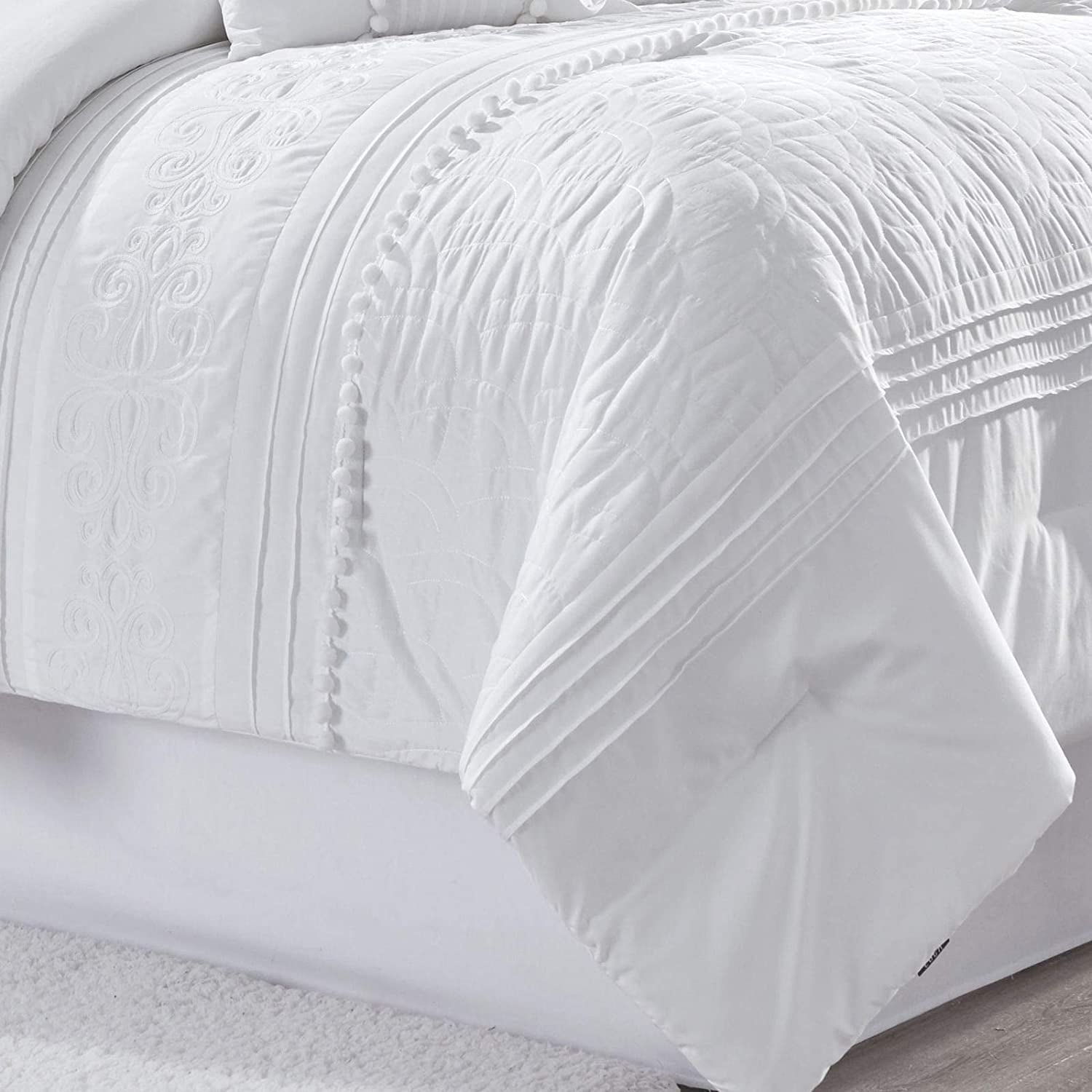 Chezmoi Collection 7-Piece Graceful White Floral Chenille Pom Pom Embroidery Comforter Set, Full
