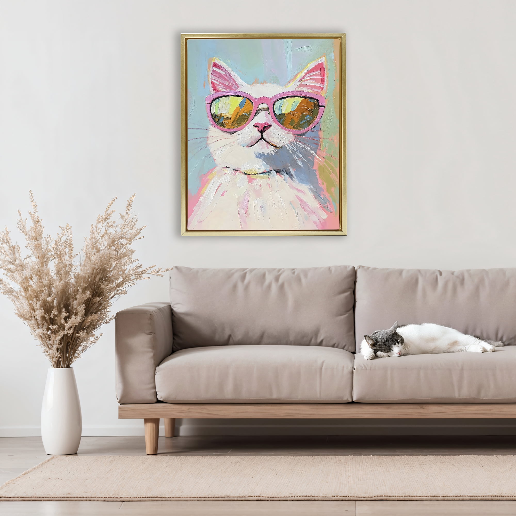 Stupell Industries Cool Cat in Sunglasses Gold Framed Floater Canvas Wall Art, design by The Prints Vibe