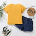 thumbnail image 3 of 3T Baby Boys Clothes 4T Toddler Boys Summer 2PCS Outfits Letter Print Short Sleeve Shirt Top Ripped Denim Shorts Set Yellow, 3 of 7