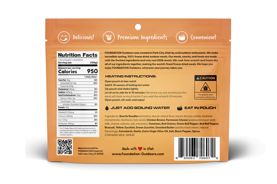 Foundation Outdoors Chicken Pasta Primavera, Freeze Dried Backpacking & Camping Food, Emergency Food, High Protein Meal