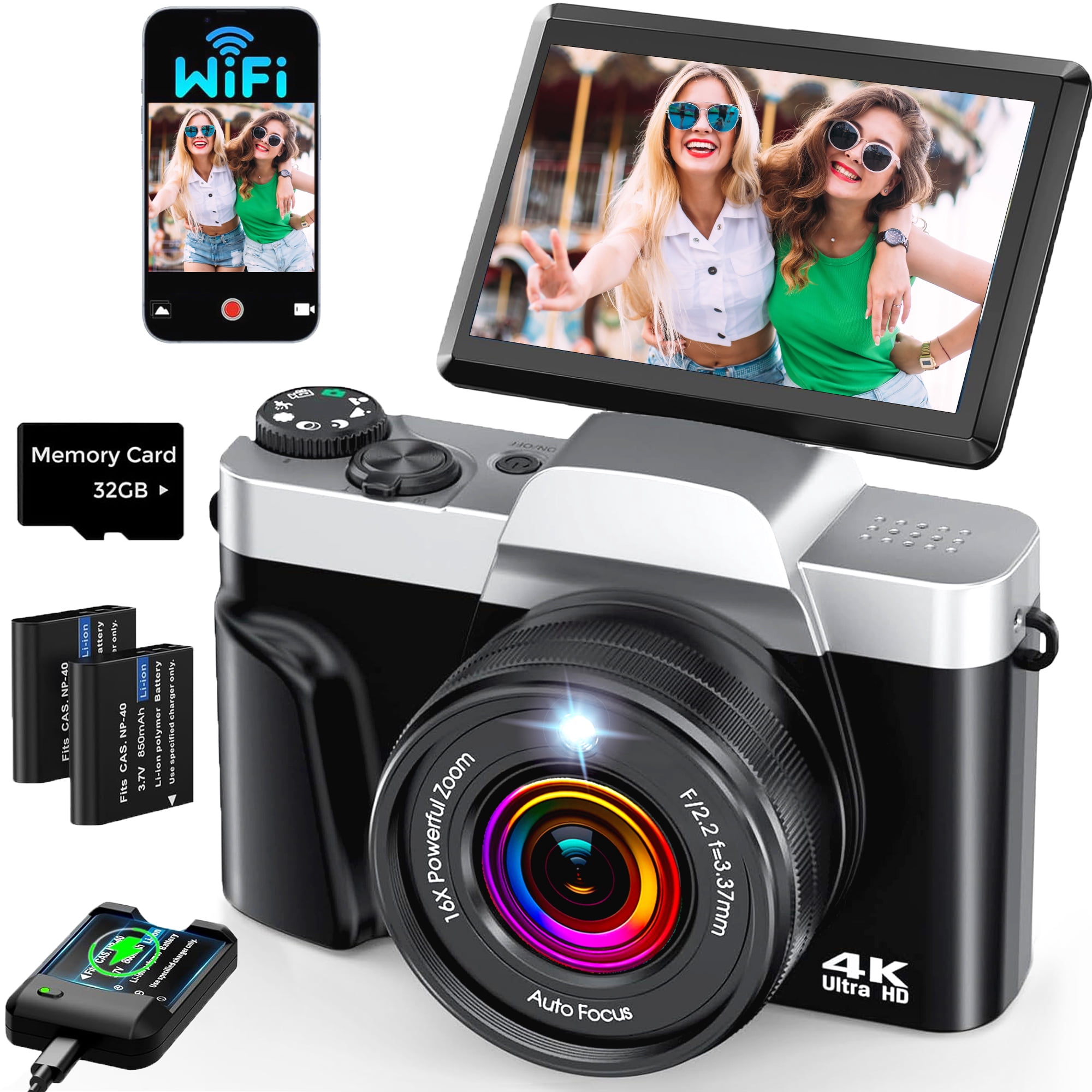 BREWENE Digital Camera 4K 64MP WiFi Vlogging Camera for YouTube with 32GB SD Card 16X Zoom Video Camaras with 3"180° Flip Screen
