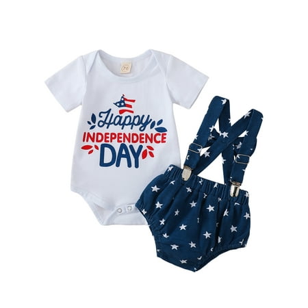 

aturustex 4th of July Baby Girl Boy Outfits Clothes Set Short Sleeve Letter Printed Romper Tops + Suspender Star Print Shorts 2Pcs 0M 3M 6M 12M 18M