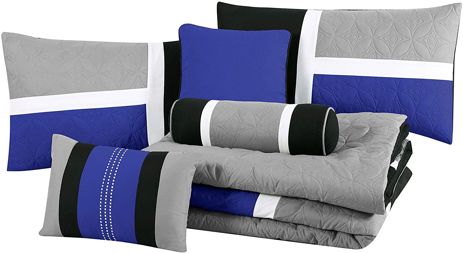 Chezmoi Collection 7-Piece Medallion Patchwork Comforter Set, Full, Blue/Gray/Black