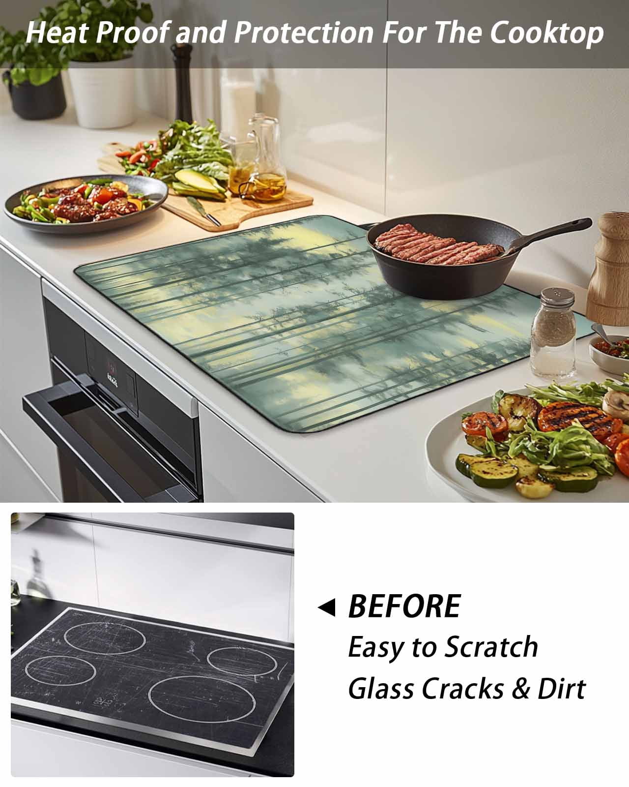 Stove Top Covers for Electric Stove, Green Forest Glass Stovetop Cover Protector, Modern Oil Painting Art Botanical Induction Cooktop Protector Oven Mat for Kitchen Countertop 24"x21"