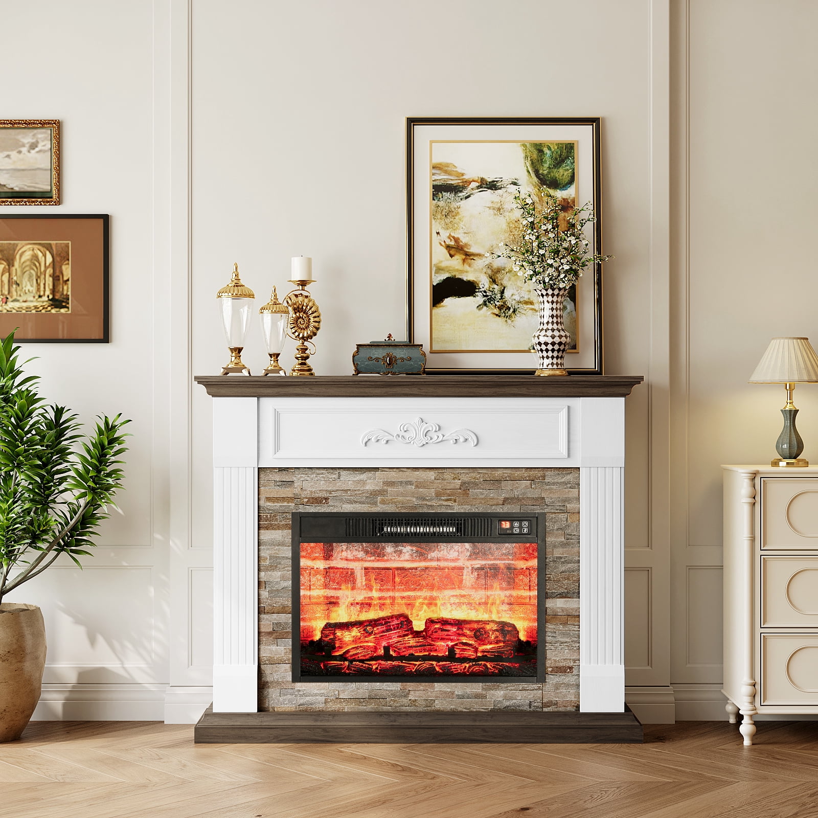 44"L Fireplace Mantel with 23" Electric Fireplace, Wooden Free Standing Fireplace, with Remote Control, Adjustable LED Flame
