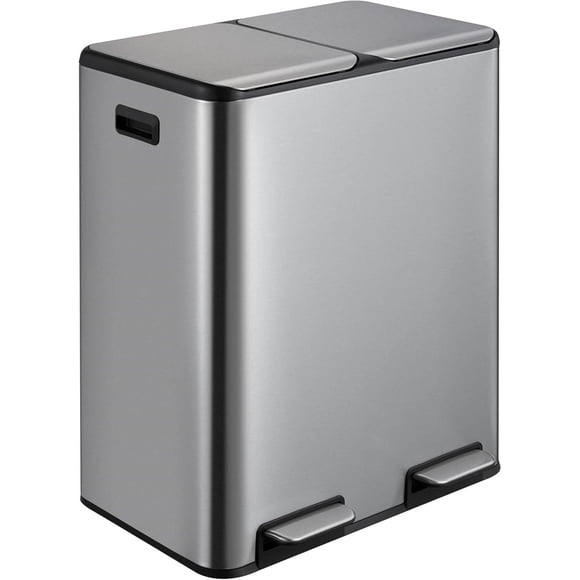 Garvee bote de basura de 60 L con doble compartimento, diseño rectangular de acero inoxidable, tapa de cierre suave y cubetas removibles para cocina u oficina