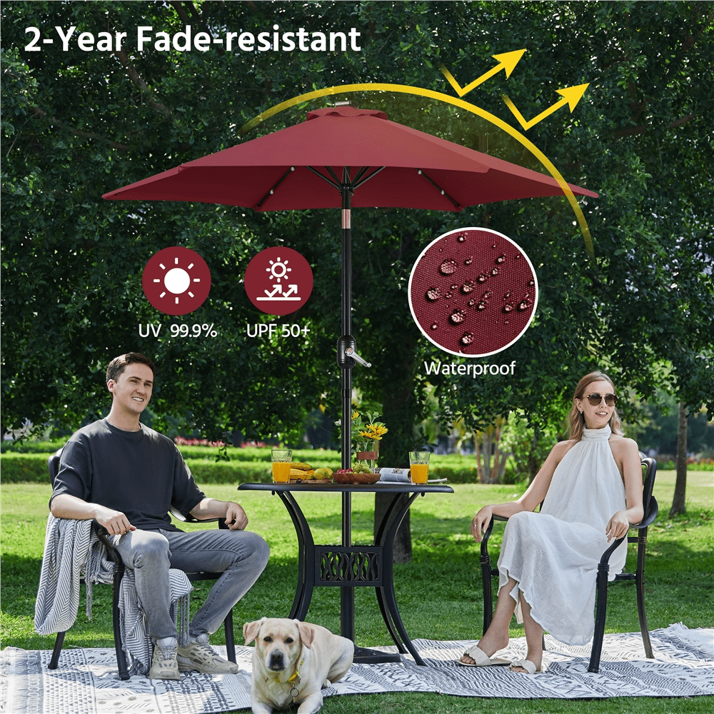 Renwick 7.5FT Patio Umbrella with Base Stand and LED Solar Lights, Burgundy