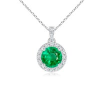 ANGARA Natural Round Emerald Dangle Pendant with Diamond Halo in 14K White Gold for Women (Size-5mm) | May Birthstone, Birthday, Anniversary, Jewelry Gift for Women | Natural Emerald Necklace