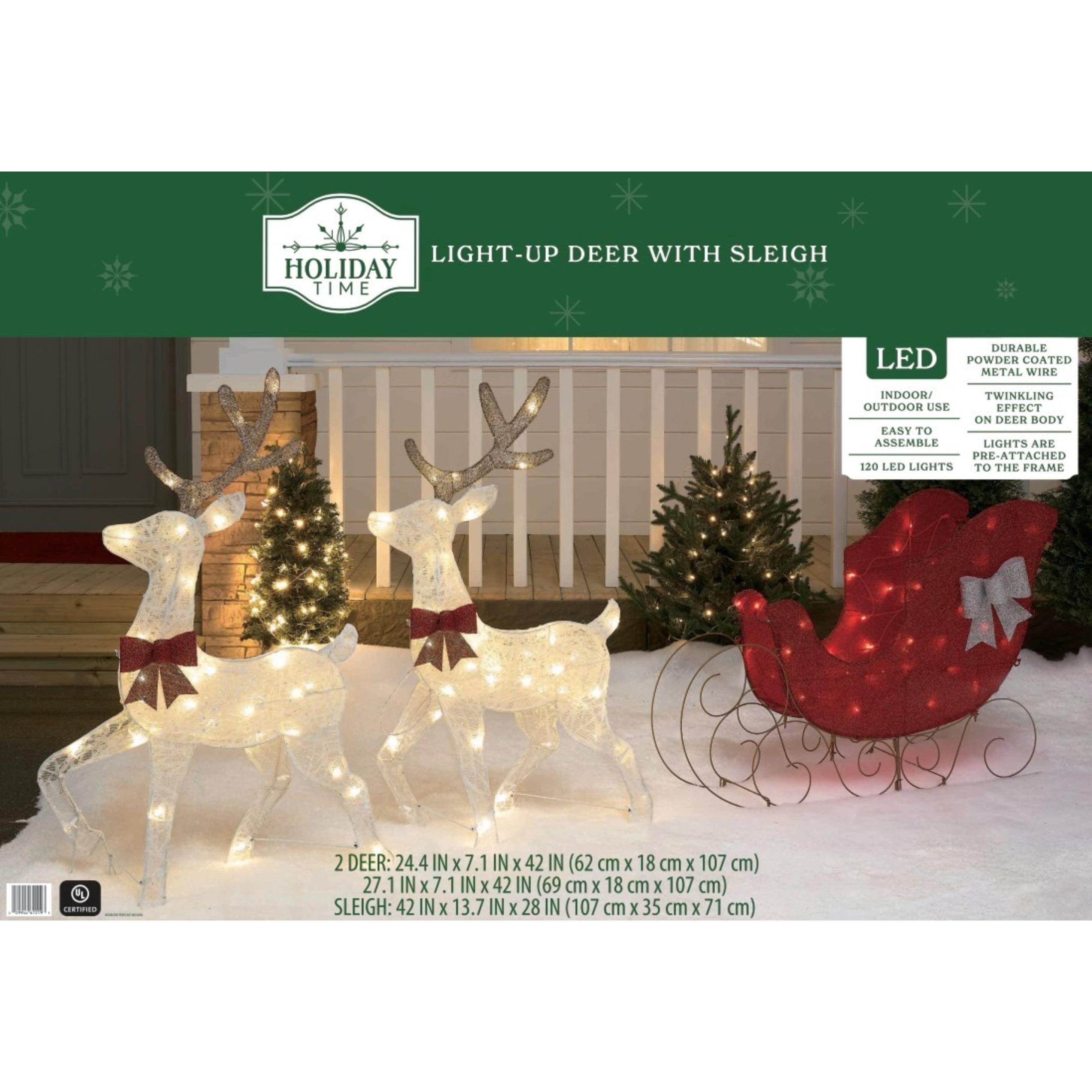 Indoor/Outdoor LED Deer with Sleigh Christmas Decoration, Red and White, Set of 3, by Holiday Time