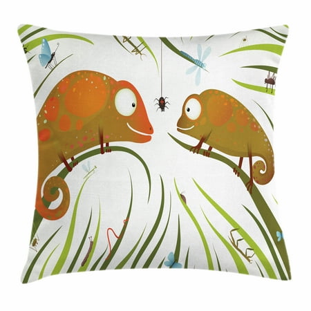 Hungry Animal - Chameleons Throw Pillow Cushion Cover, Hungry Animals Grass Looking at Spider Insect World Illustration Worm Ladybug, Decorative Square Accent Pillow Case, 16 X 16 Inches, Multicolor, by Ambesonne