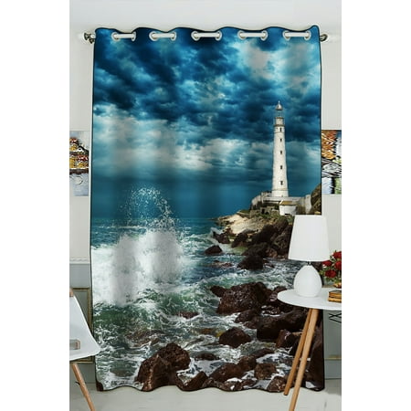 PHFZK Nautical Beach Window Curtain, Lighthouse Ocean Wave Rocky Beautiful Scene Window Curtain Blackout Curtain For Bedroom living Room Kitchen Room 52x84 inches One