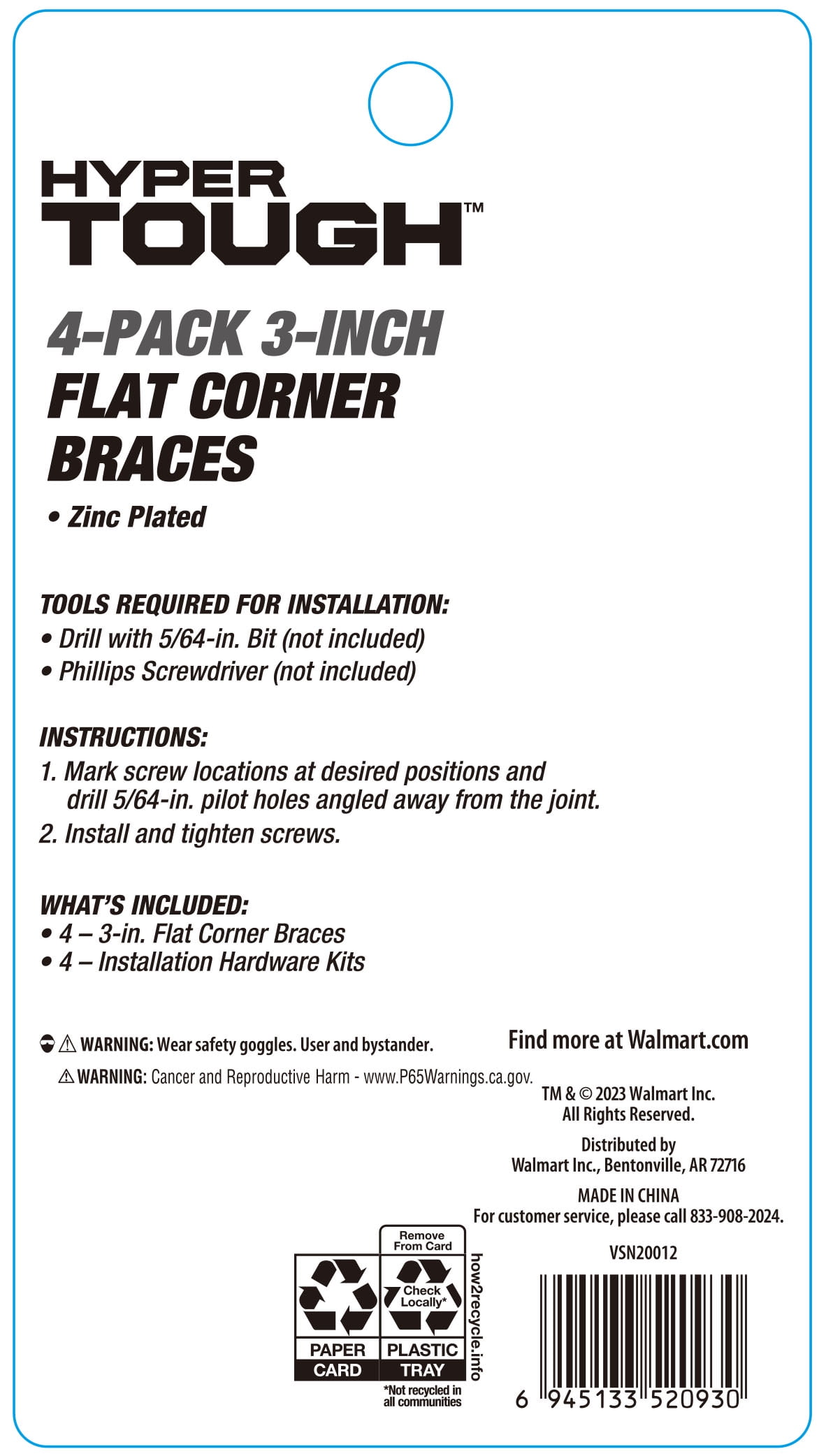 Hyper Tough 3 in. x 3 in. Flat Corner Brace, Steel, Zinc Plated (4 Pack), Assembled Product Depth 6.85 Inch