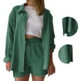 thumbnail image 7 of CHUMUD Womens Summer Shorts Sets 2 Piece Long Sleeve Button Shirt Top Jacket Lounge Tracksuits Casual Outerwear Office Work, 7 of 7