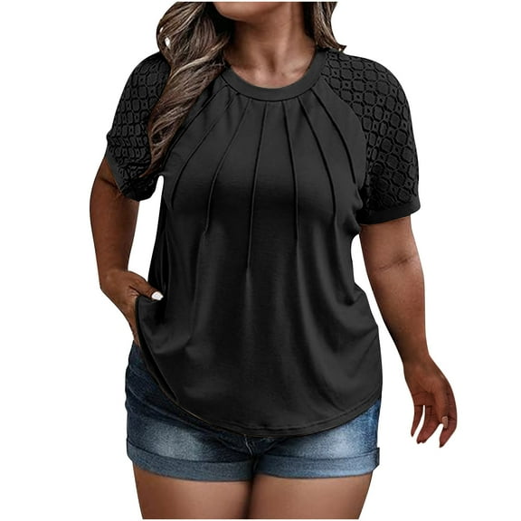 Sevevn Women's Plus Size Top Lace Sleeves Basic Casual Round Neck T-shirt Loose Cotton Shirt Black XXXXL Christmas Deals