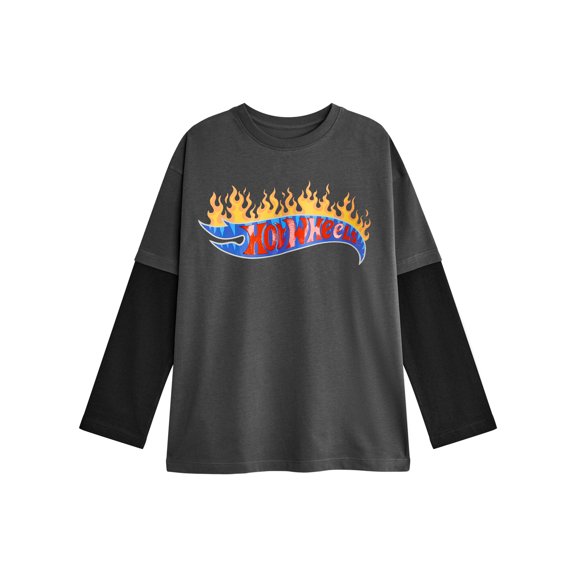 Hot Wheels Flame Logo Boys Grey Long Sleeved T-Shirt | 5-6 Years | Made by Vanilla Underground