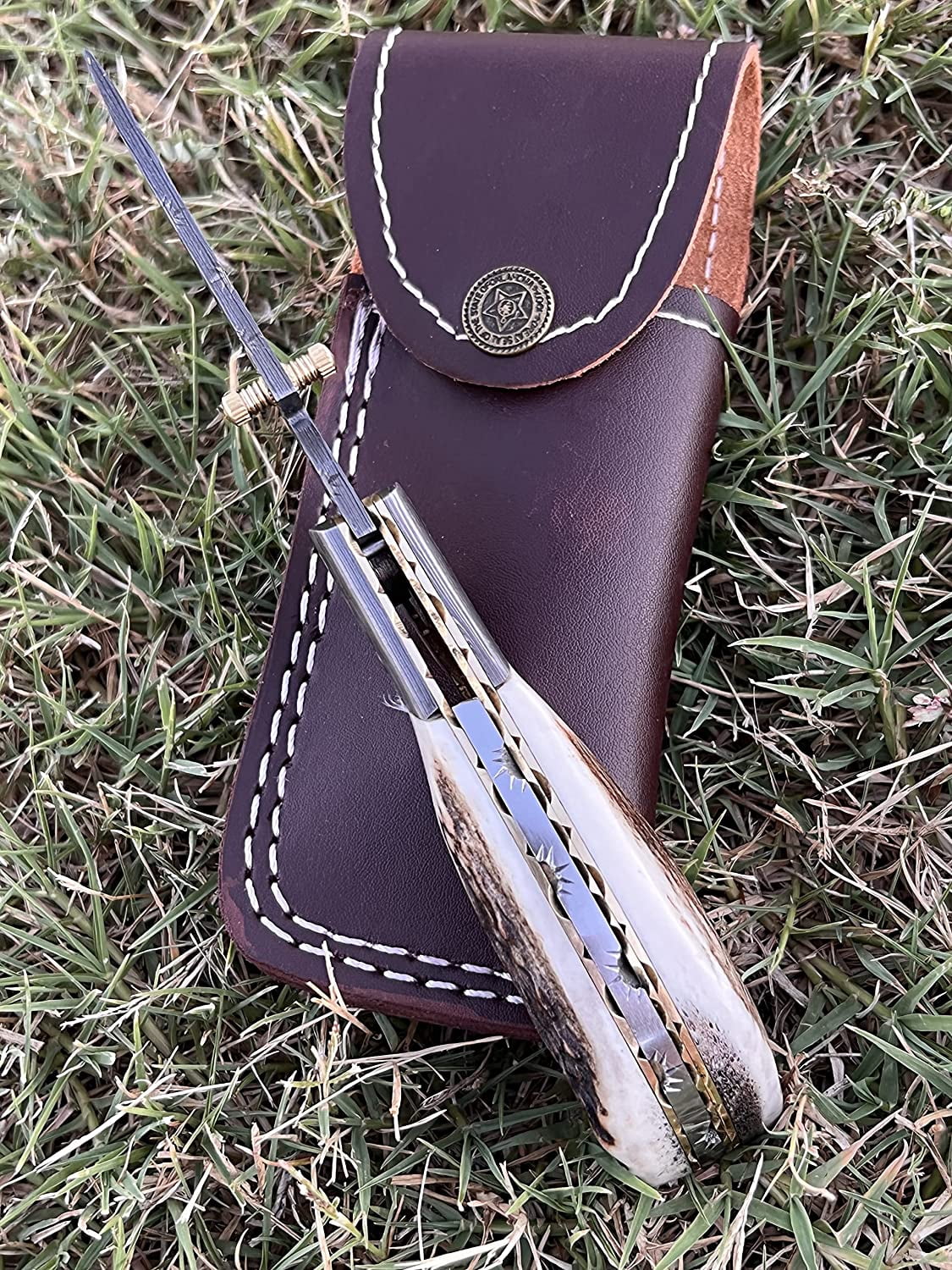 Poshland Custom Handmade 3.2" Tactical Knife with Damascus Steel Stag Horn Handle