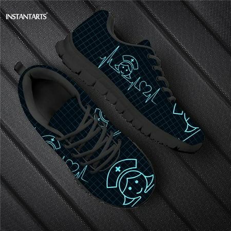 

School Shoes Women Flats Nursing Shoes Blue Heart Rate Design Casual Lace Up Walk Sneaker Summer Mesh Jogging Shoes Sneakers