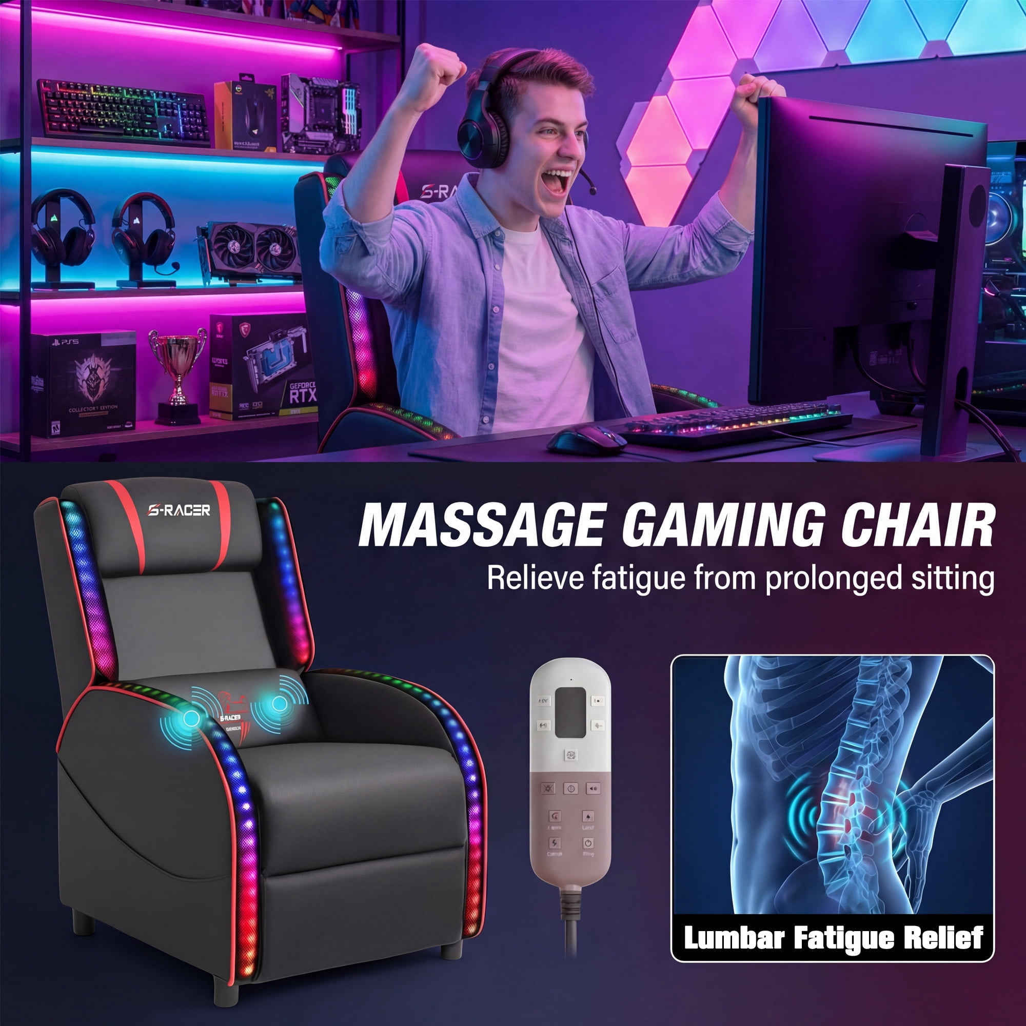 Furmax RGB LED Lights Gaming Massage Recliner Chair Racing Style Single Living Room Sofa Ergonomic Home Theater Seating with Massage Lumbar Support, Red