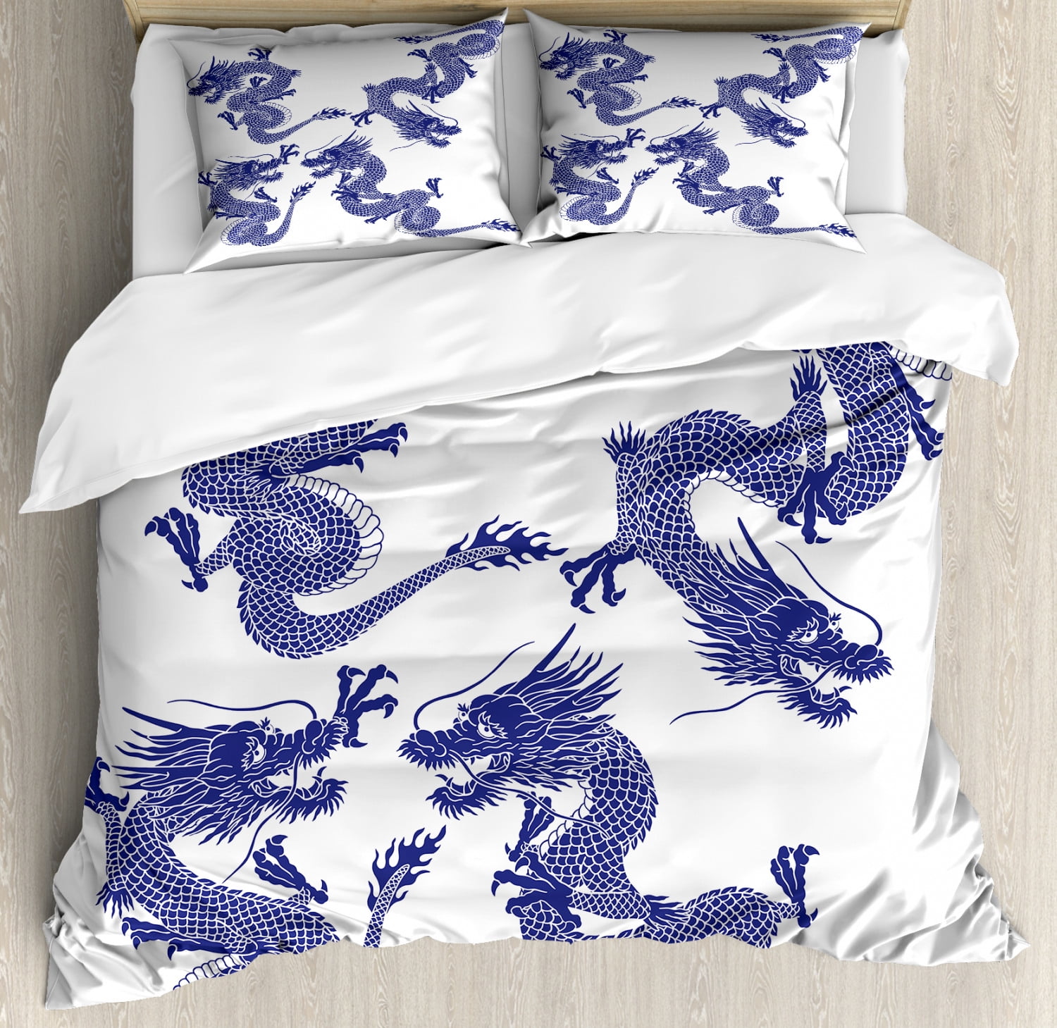 Dragon Duvet Cover Set, Indigenous Japanese Dragons White Background