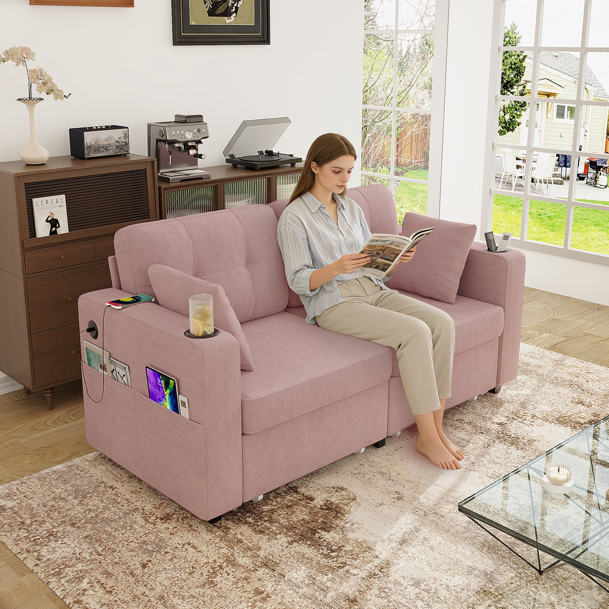 MOONMISS 68" Chenille 3 Seater Sofa Deep Seats,Wood Frame with Storage,USB Charging and Cup Holder,Pink