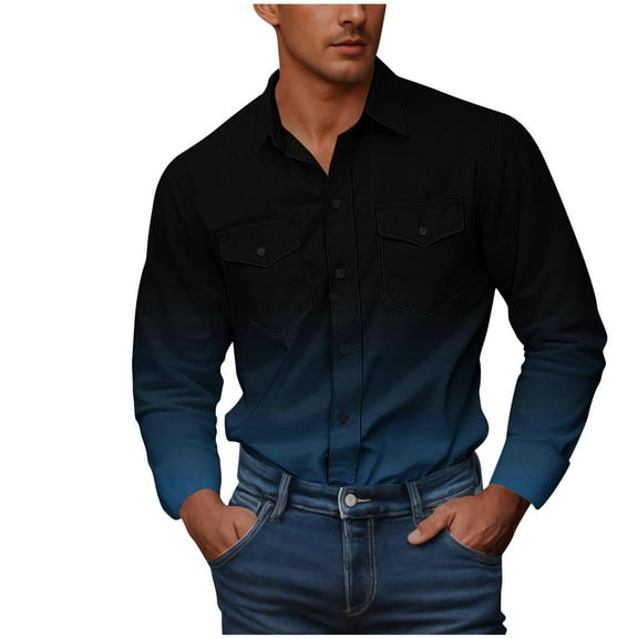 Men's Fashion Gradient Double Pockets Shirts Button Down Long Sleeve Business Casual Work Shirt