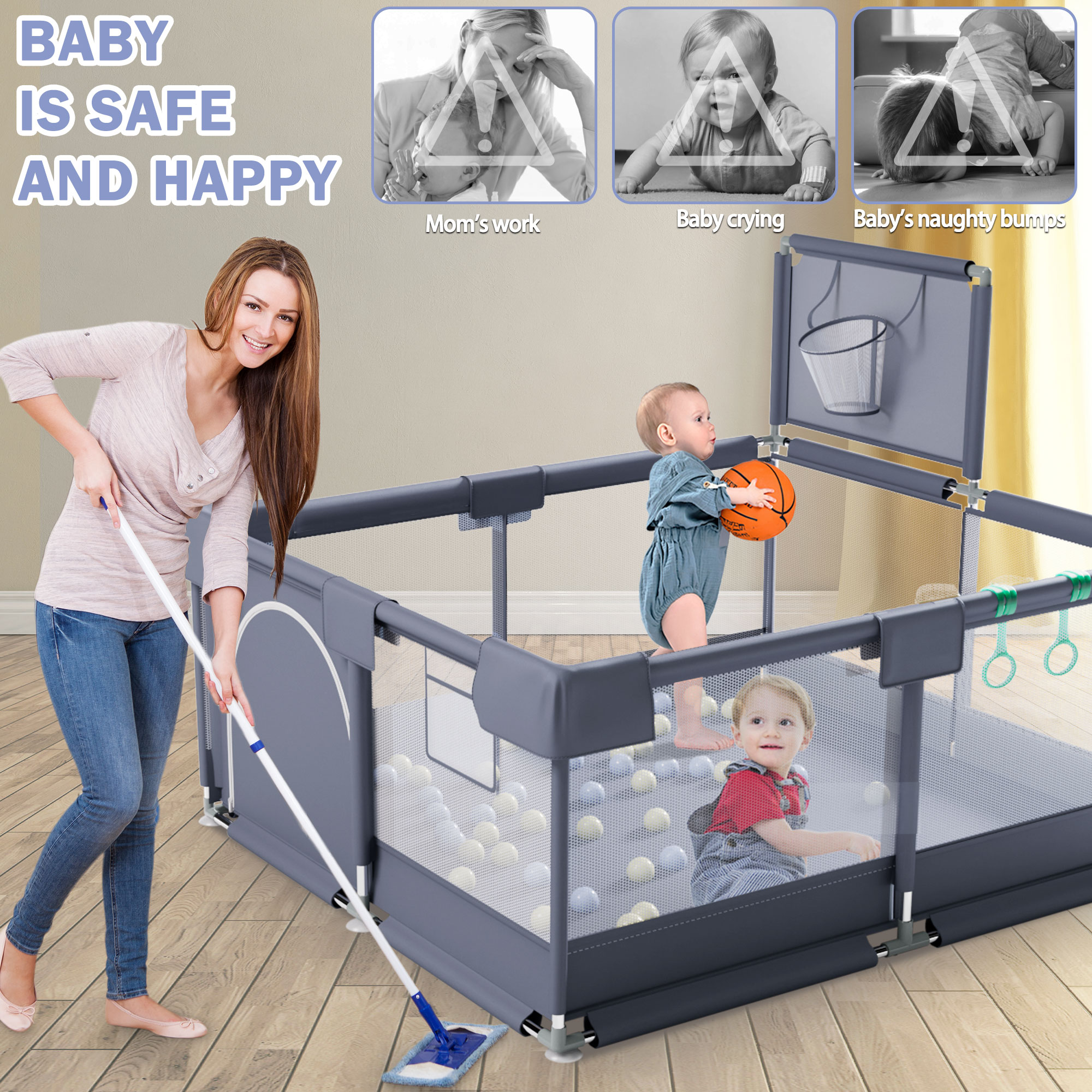 Babyeap Large Portable Baby Playpen with Zipper Door photo 2