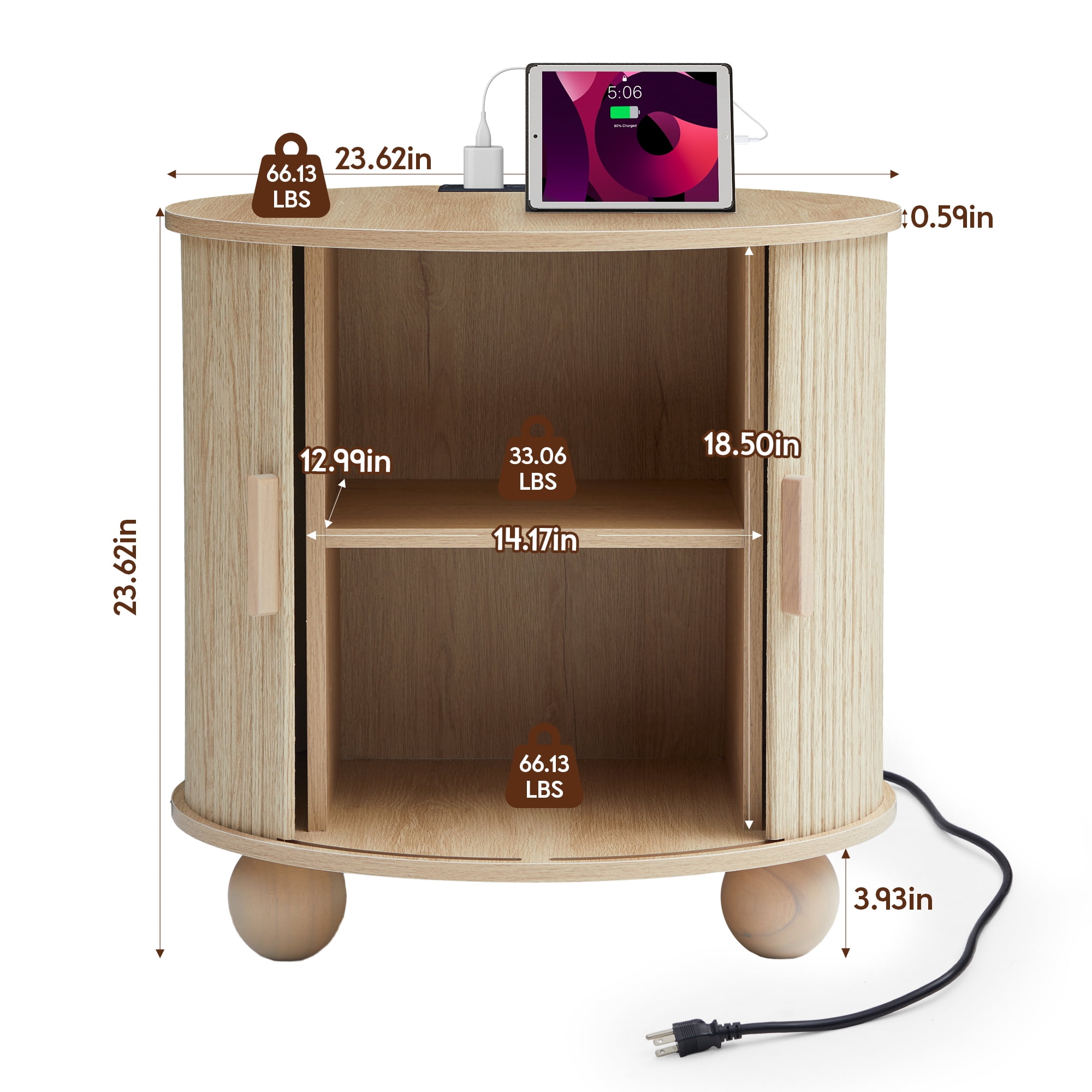 Wirrytor Side Table with Charging Station, The Table Behind the Sofa with Storage Space and Sliding Door, Bedside Table Accent Cabinet for Living Room, Bedroom, Entryway (Oak)