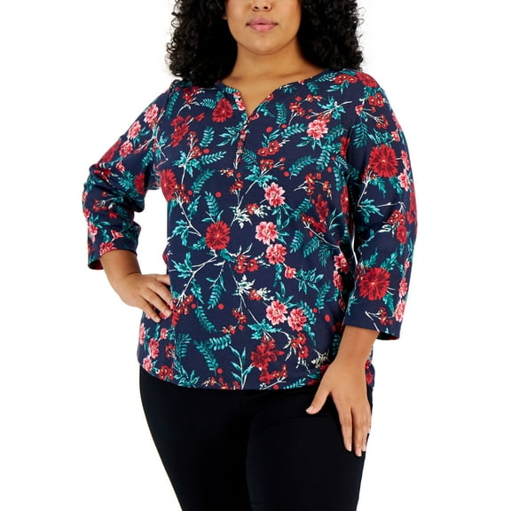 Karen Scott Plus Size Floral Print Top Intrepid Blue 3X