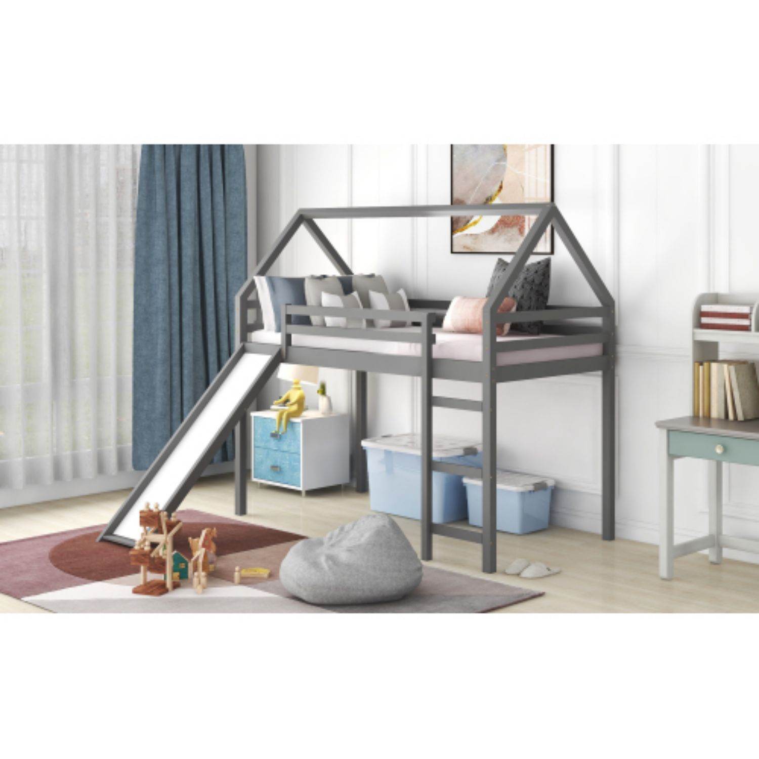 Cmgb Kids Loft Bed with Slide, Twin Loft Bed with Slide, Toddler Loft