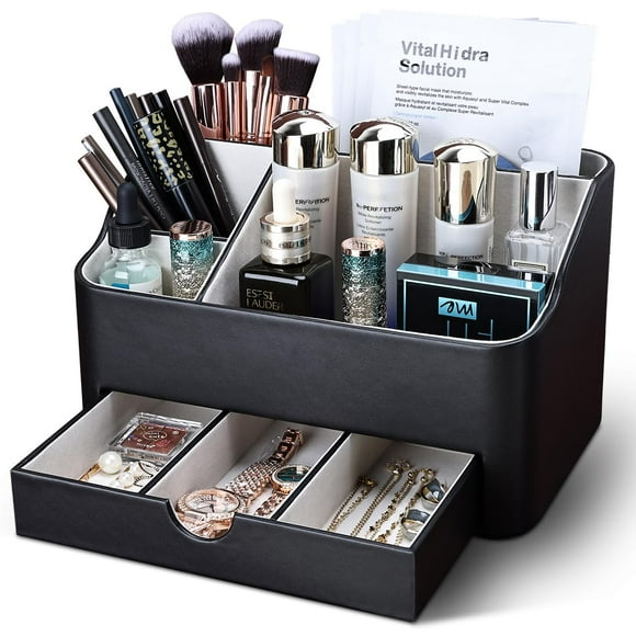 Organizador de maquillaje KINGFOM Leather con cajón para tocador negro