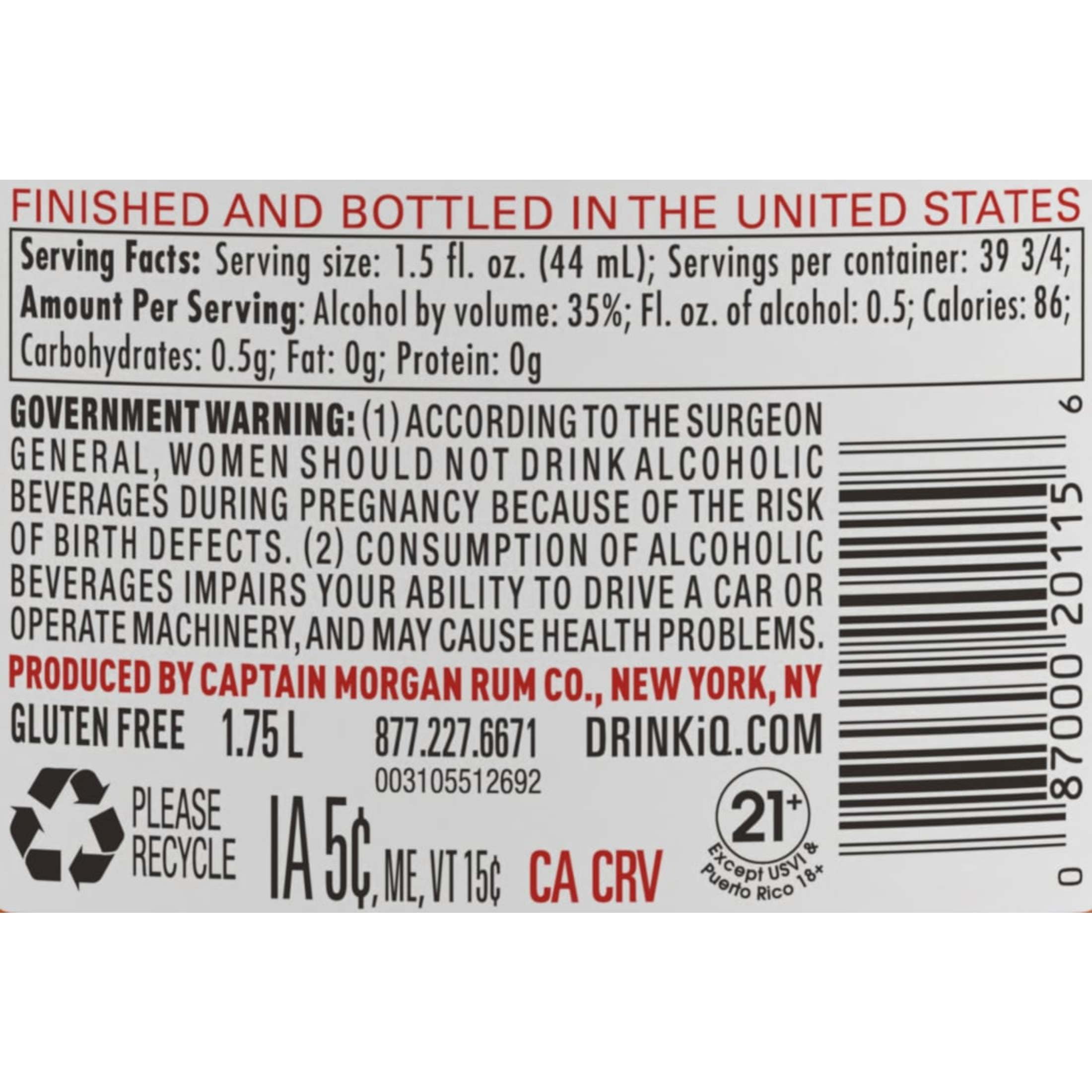 Captain Morgan Original Spiced Rum, 1.75 L Bottle, 35% ABV