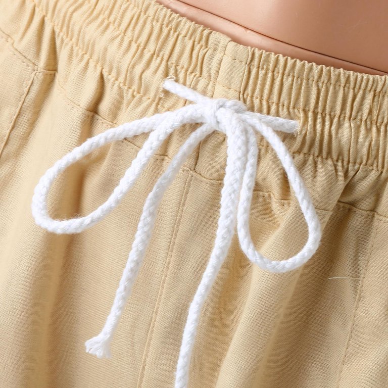 Linen Pants 32 Inseam Drawstring Smocked Waist Beach Pants - Oatmeal