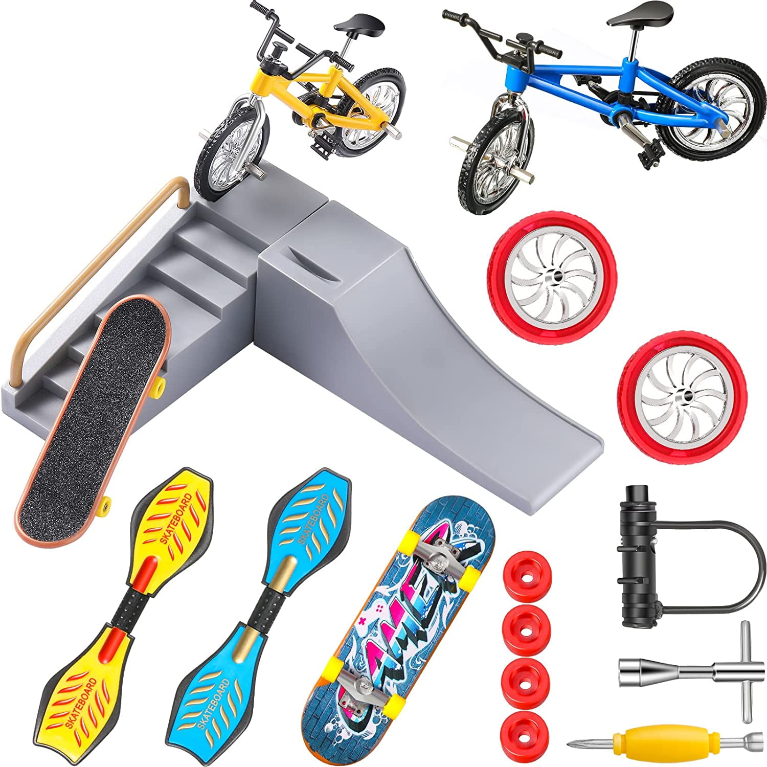 Mini Finger Skateboard Ramp with Replacement Wheels and Tools Ultimate Parks Training Props Including Fingerboards Finger Bike Playpen Skate Park Kit Scooters for Kids Party Adults