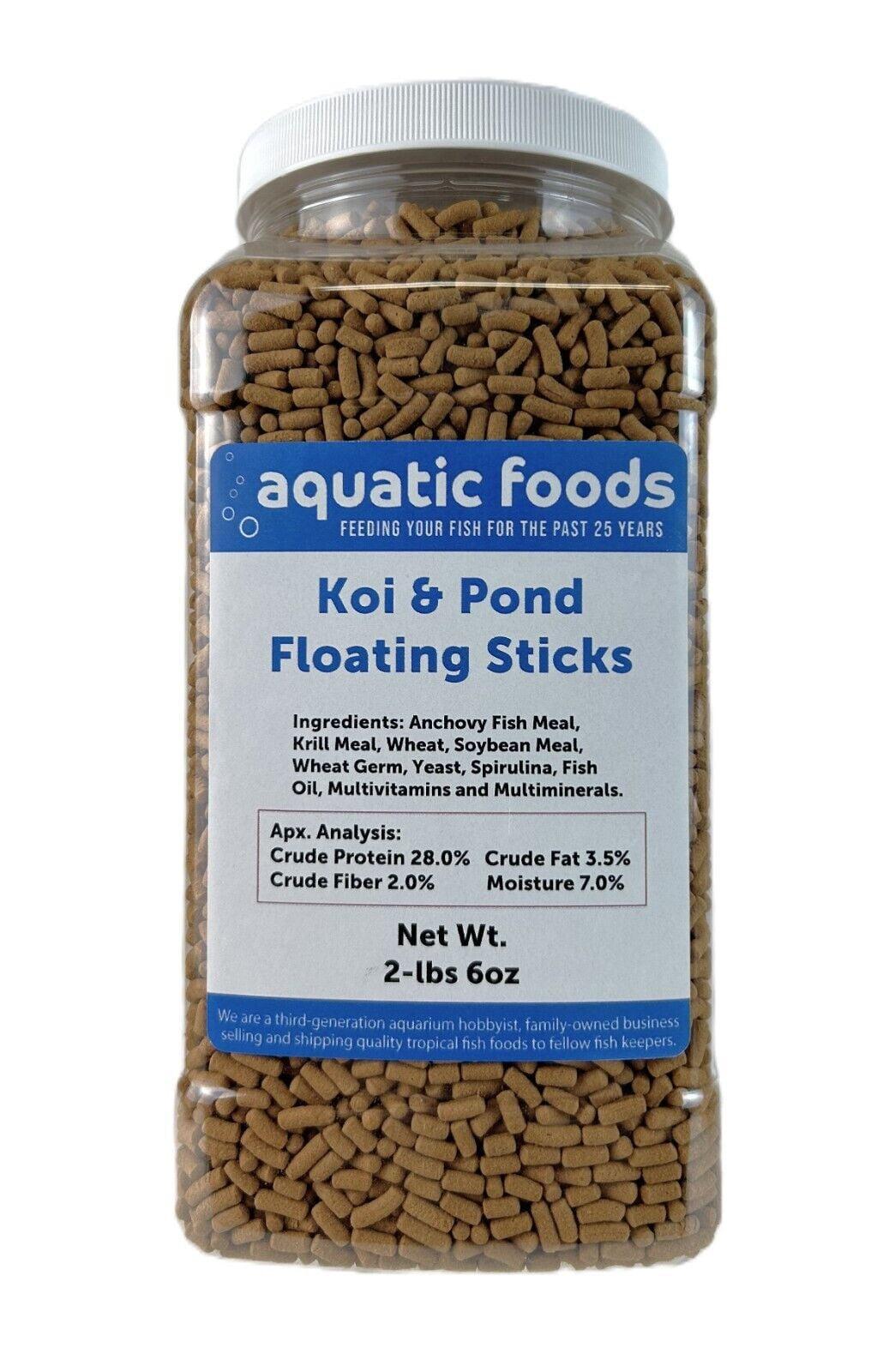 Aquatic Foods Inc. Koi 7/16" x 5/32" 28% Protein Floating Sticks for Koi, Goldfish, All Pond Fish, All Aquatic Turtles...WL 2-lbs 6oz Lg Jar