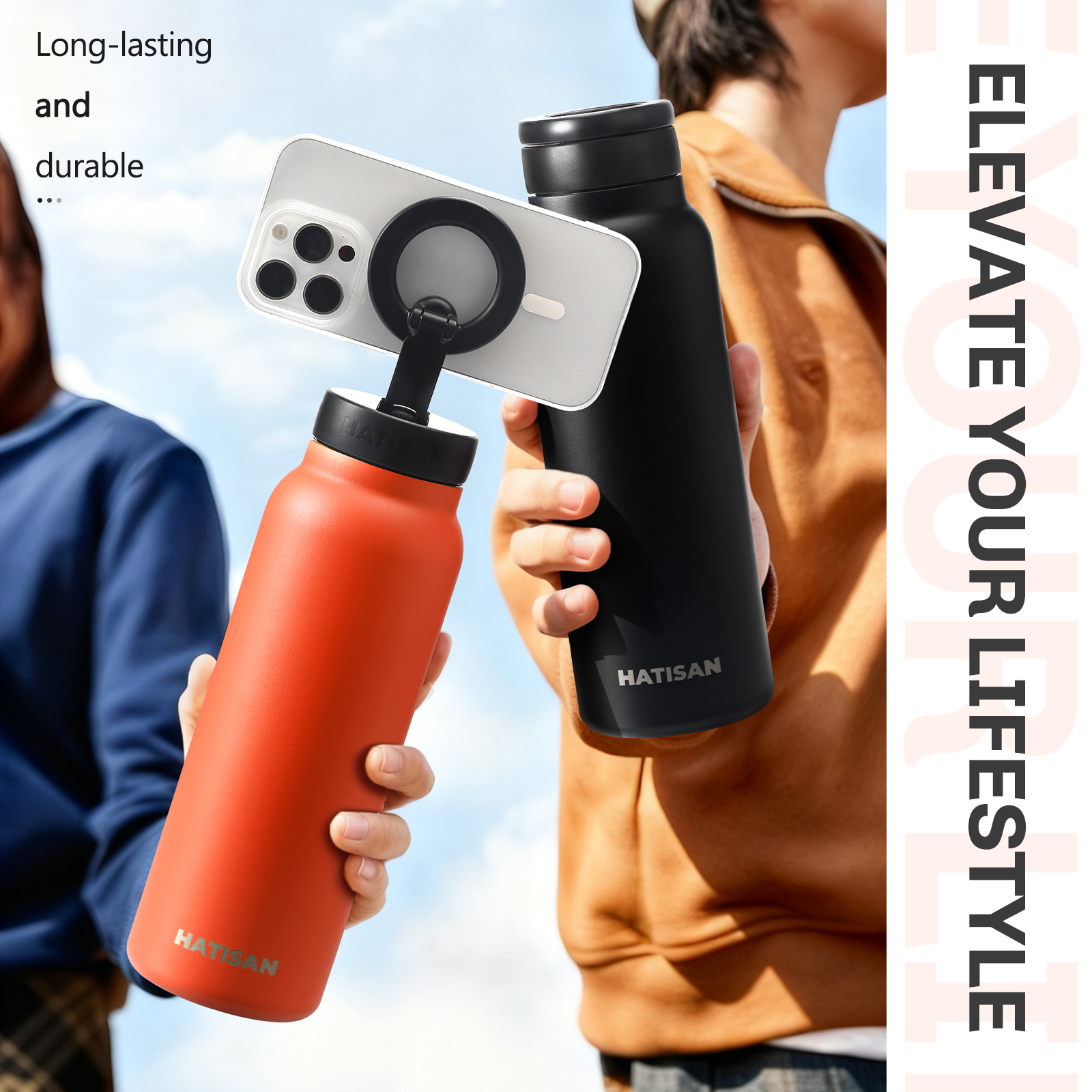 Hatisan 24 oz Insulated Water Bottle, Magnetic Stainless Steel Water Bottle, with Mobile Phone Holder Tripod, Hot for 12H, Cold for 24H(Orange)