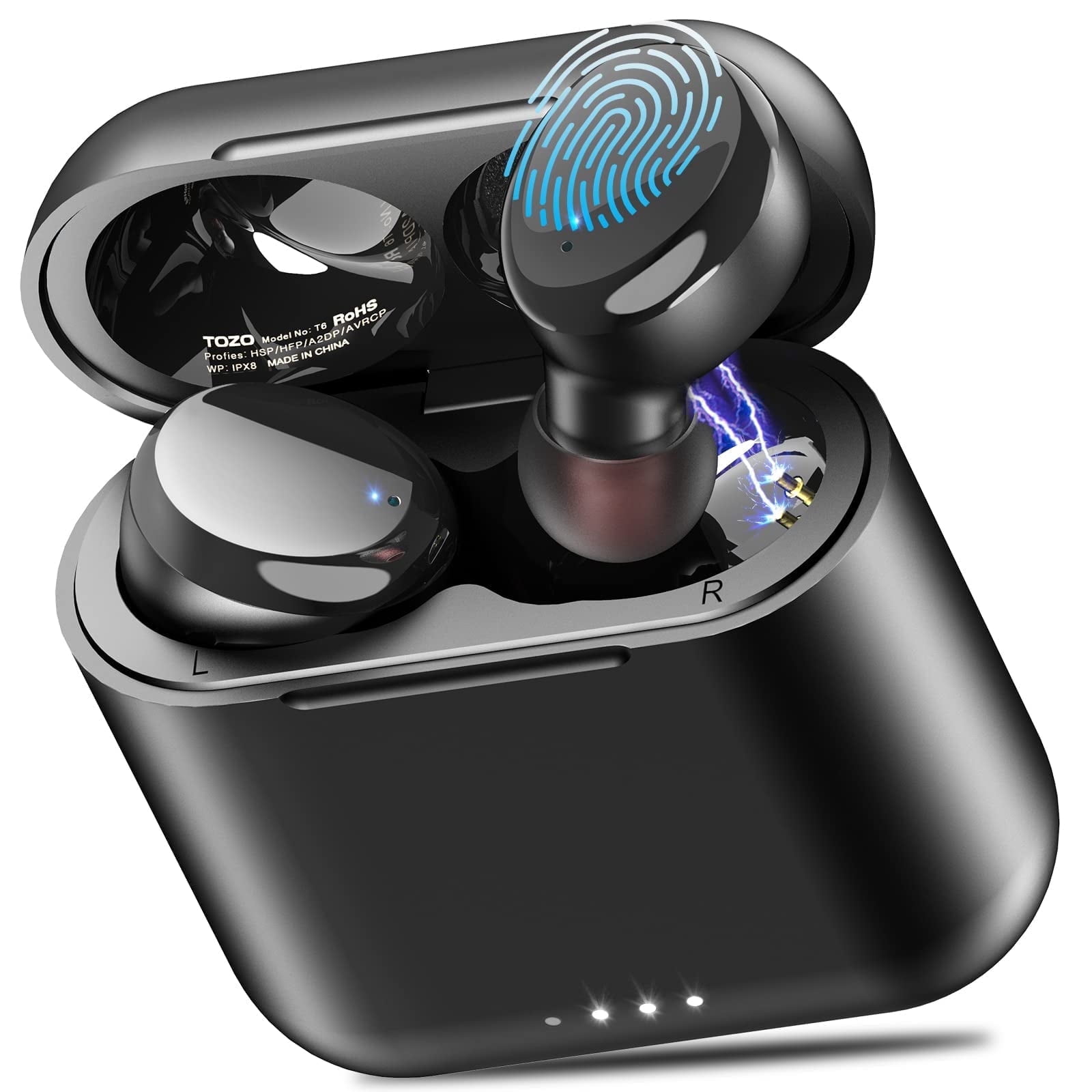 TOZO T6 Wireless Earbuds Bluetooth Headphones, 50H, AI Chat/Translation/Clear Mics, Stereo Bass, Wireless Charging, App-32EQ, IPX8 Waterproof Earphones, Black