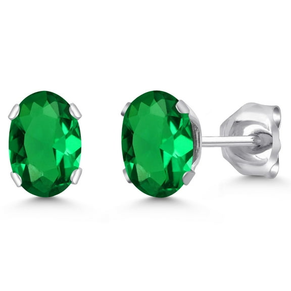 Gem Stone King 925 Sterling Silver Green Nano Emerald Stud Earrings for Women Men (0.80 Cttw, Oval 6X4MM)