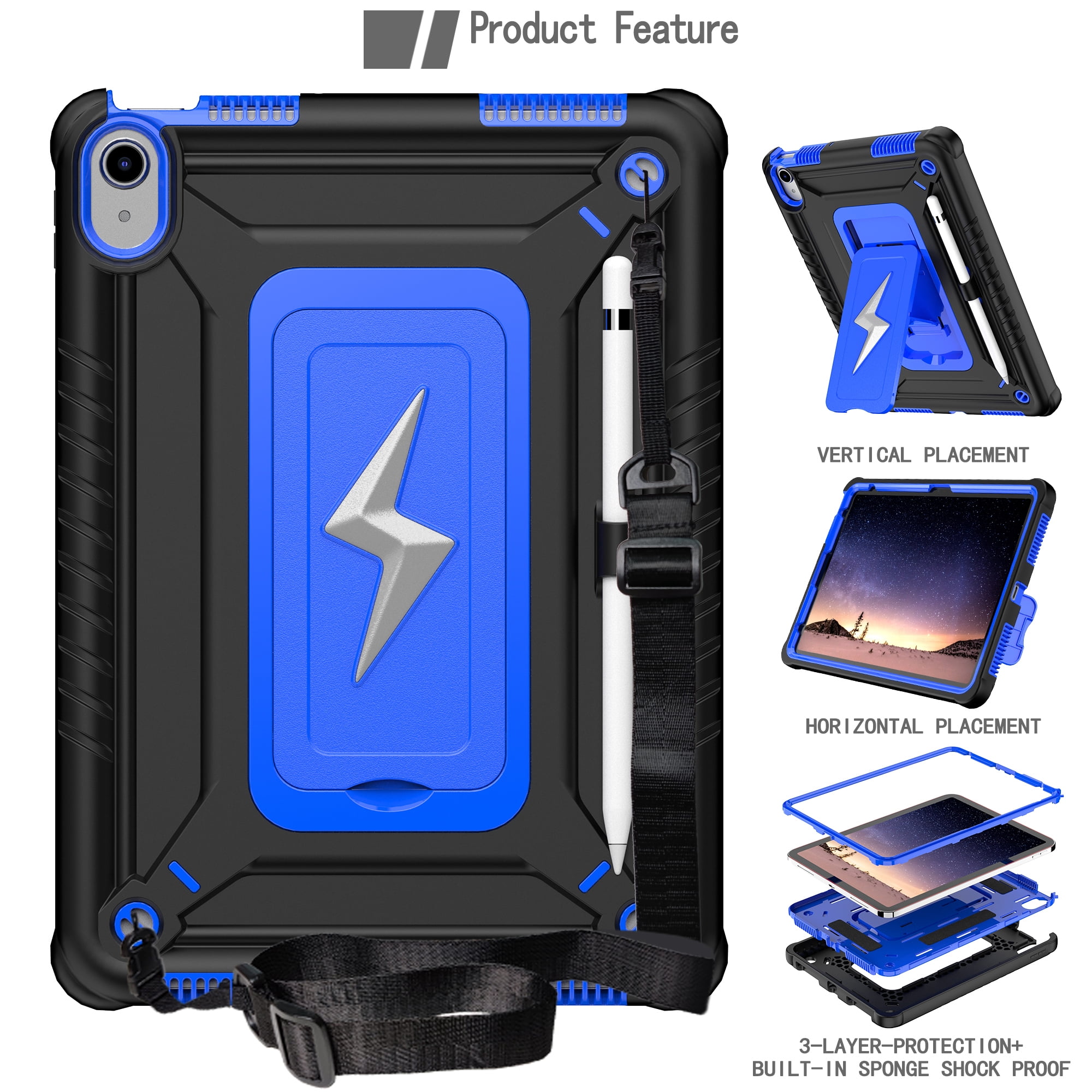 Allytechgroup Heavy Duty Shockproof Case for Apple iPad A16 11th Generation 11" 2025 & iPad 10th Generation 10.9" 2022, Tablet Case with Kickstand, Pencil Holder, Strap Kids Friendly Cover,Blackblue