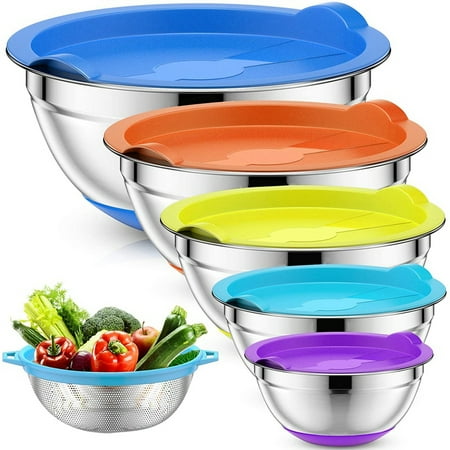 

Mixing Bowls with Airtight Lids & Colander 6Pcs Colorful Stainless Steel Metal Nesting Bowls for Kitchen Non-