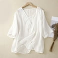 thumbnail image 2 of Women's Linen Boxy Top Round Neck Patchwork Blouse Casual Loose Fit Comfortable Breathable Summer T-Shirt, 2 of 2