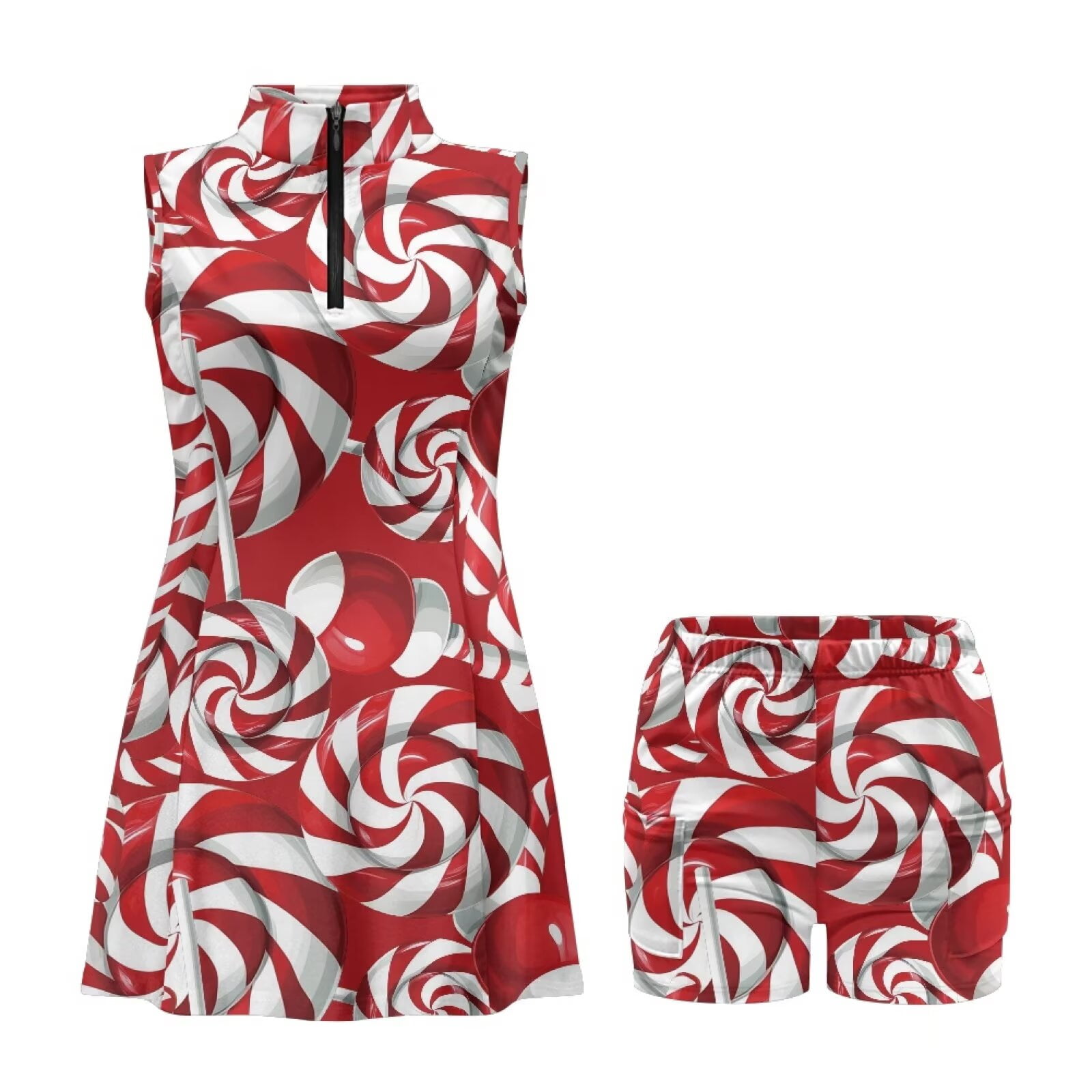 Yuyamidu Red Christmas Womens Tennis Dress, 2 PCS Candy Canes Golf Workout Dress with Shorts, Casual Athletic Dresses Size XL